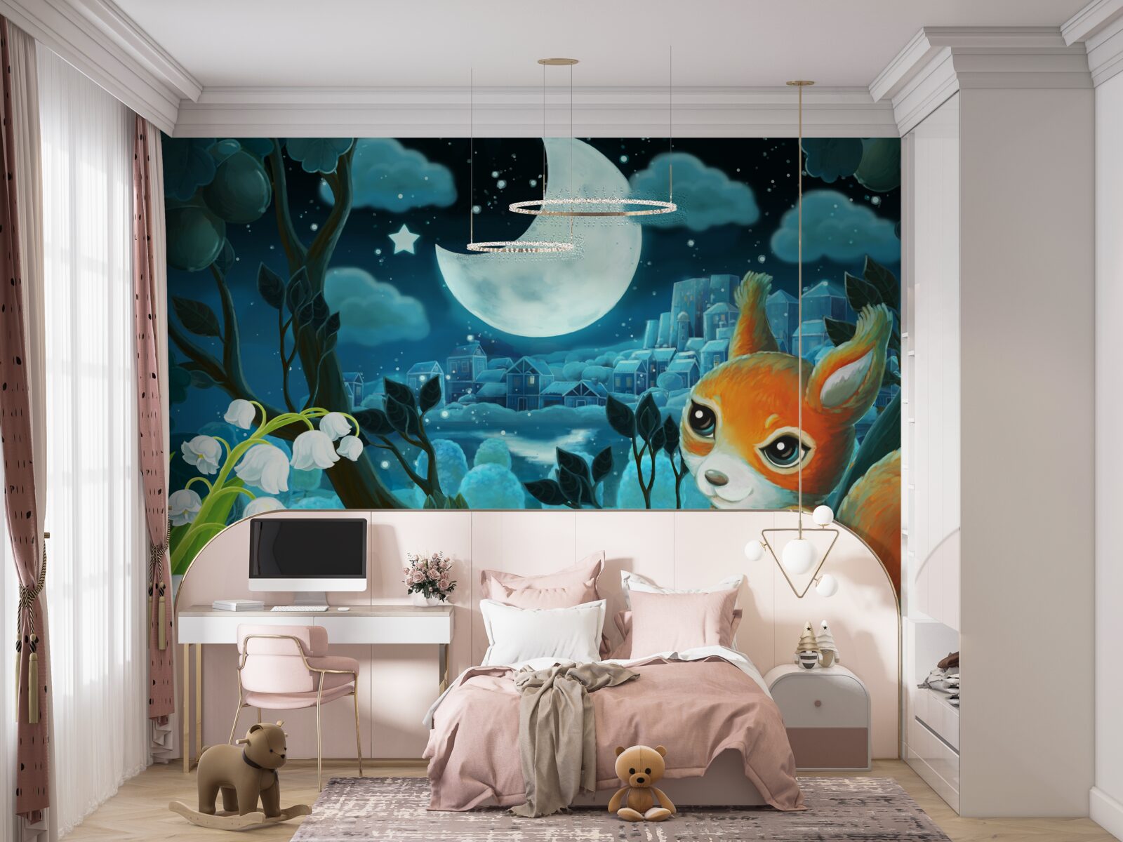 Papier peint l'écureuil admire la lune qui brille sur la ville