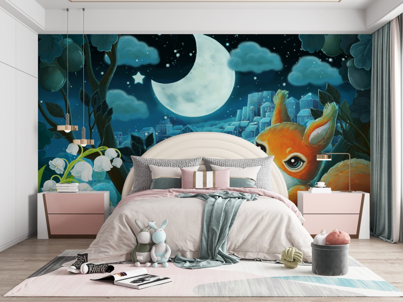 Papier peint l'écureuil admire la lune qui brille sur la ville