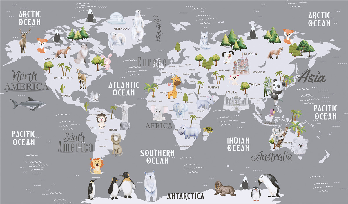 Papier peint carte du monde avec les principaux habitants et les monuments importants