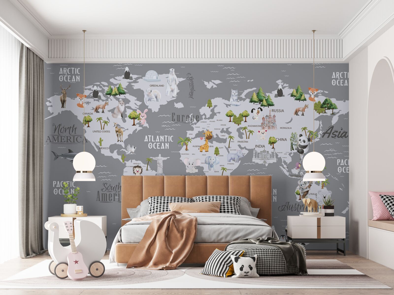 Papier peint carte du monde avec les principaux habitants et les monuments importants