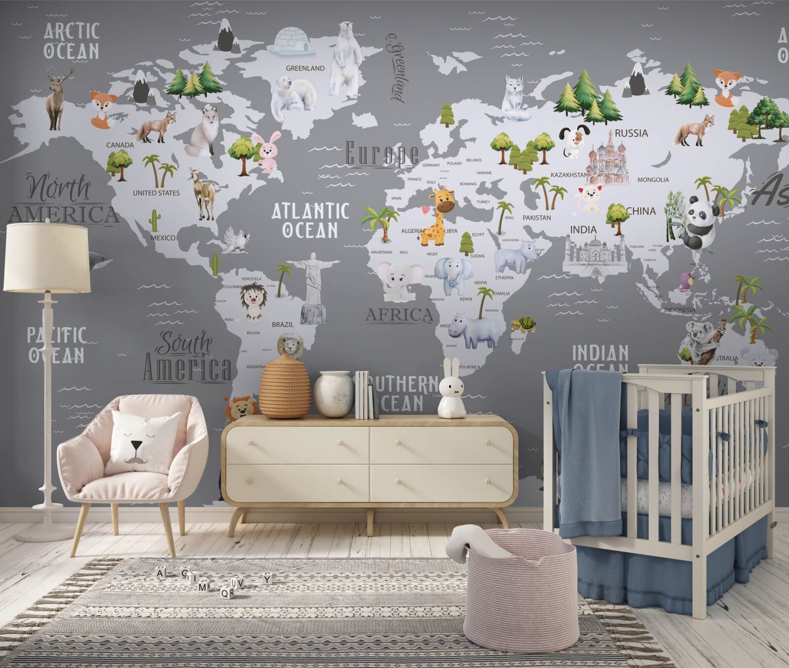 Papier peint carte du monde avec les principaux habitants et les monuments importants