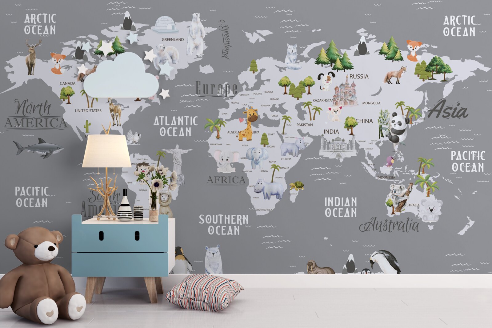 Papier peint carte du monde avec les principaux habitants et les monuments importants