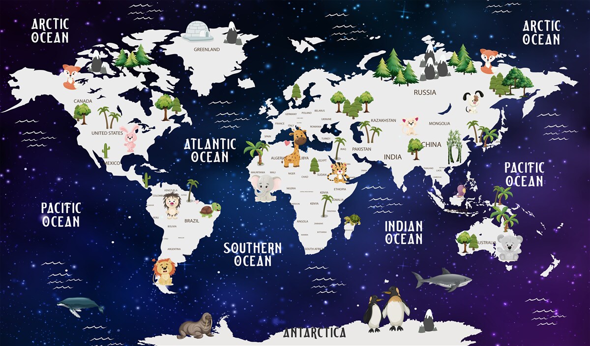 Papier peint carte du monde de nuit avec les océans marqués