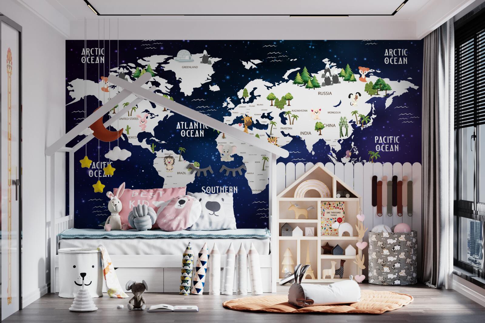 Papier peint carte du monde de nuit avec les océans marqués