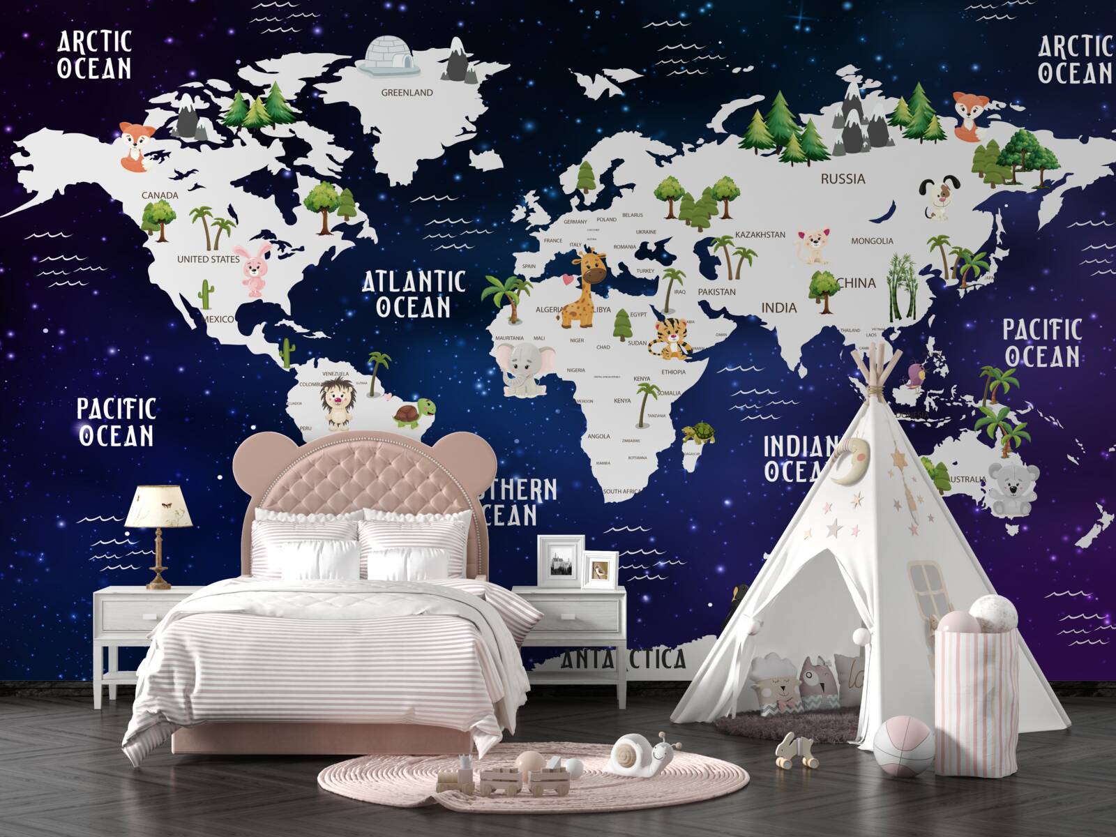 Papier peint carte du monde de nuit avec les océans marqués