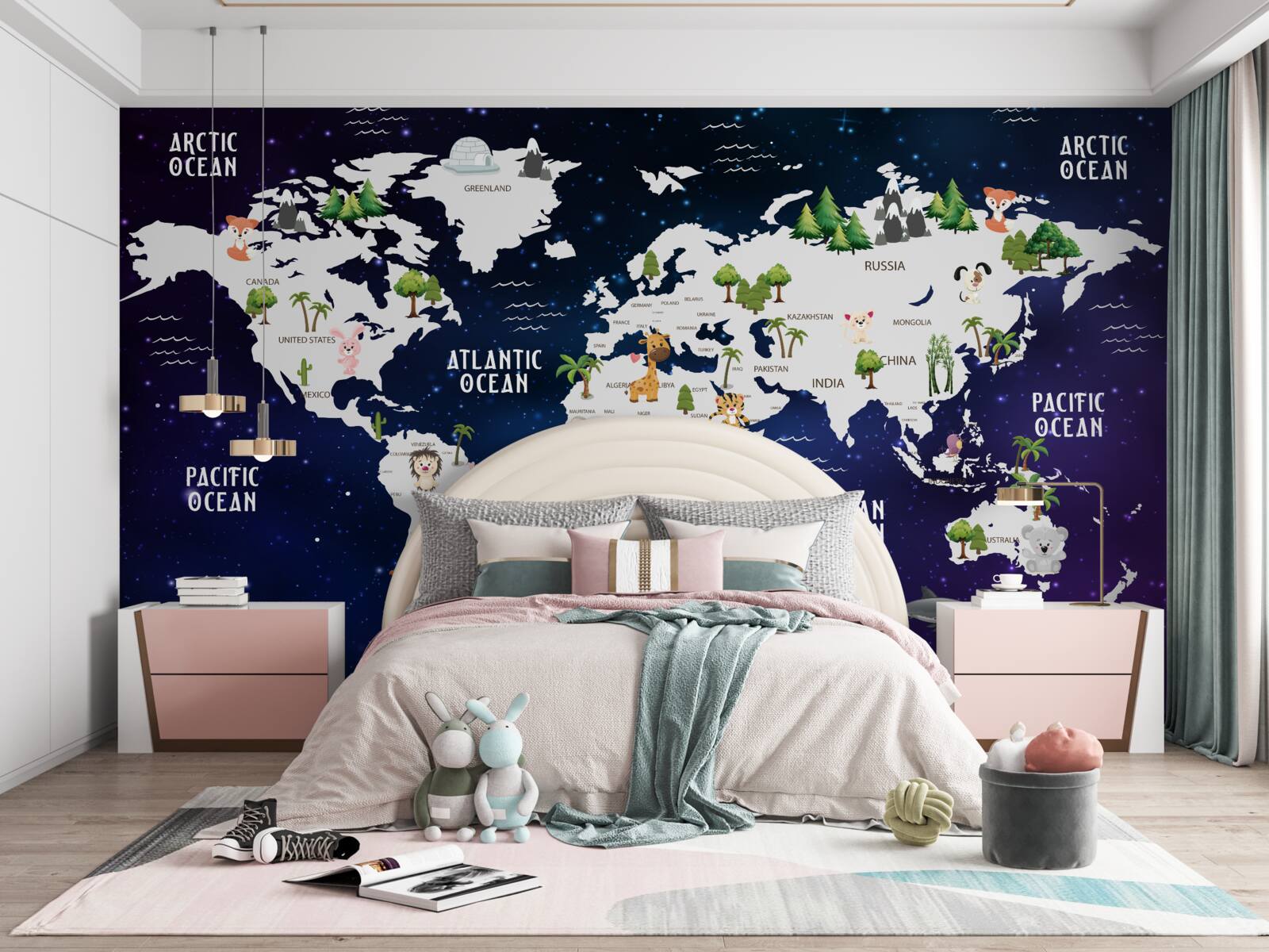 Papier peint carte du monde de nuit avec les océans marqués