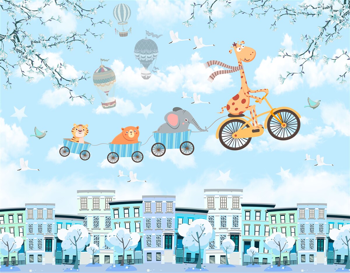 Papier peint un groupe de jeunes amis avec une girafe rentrent chez eux