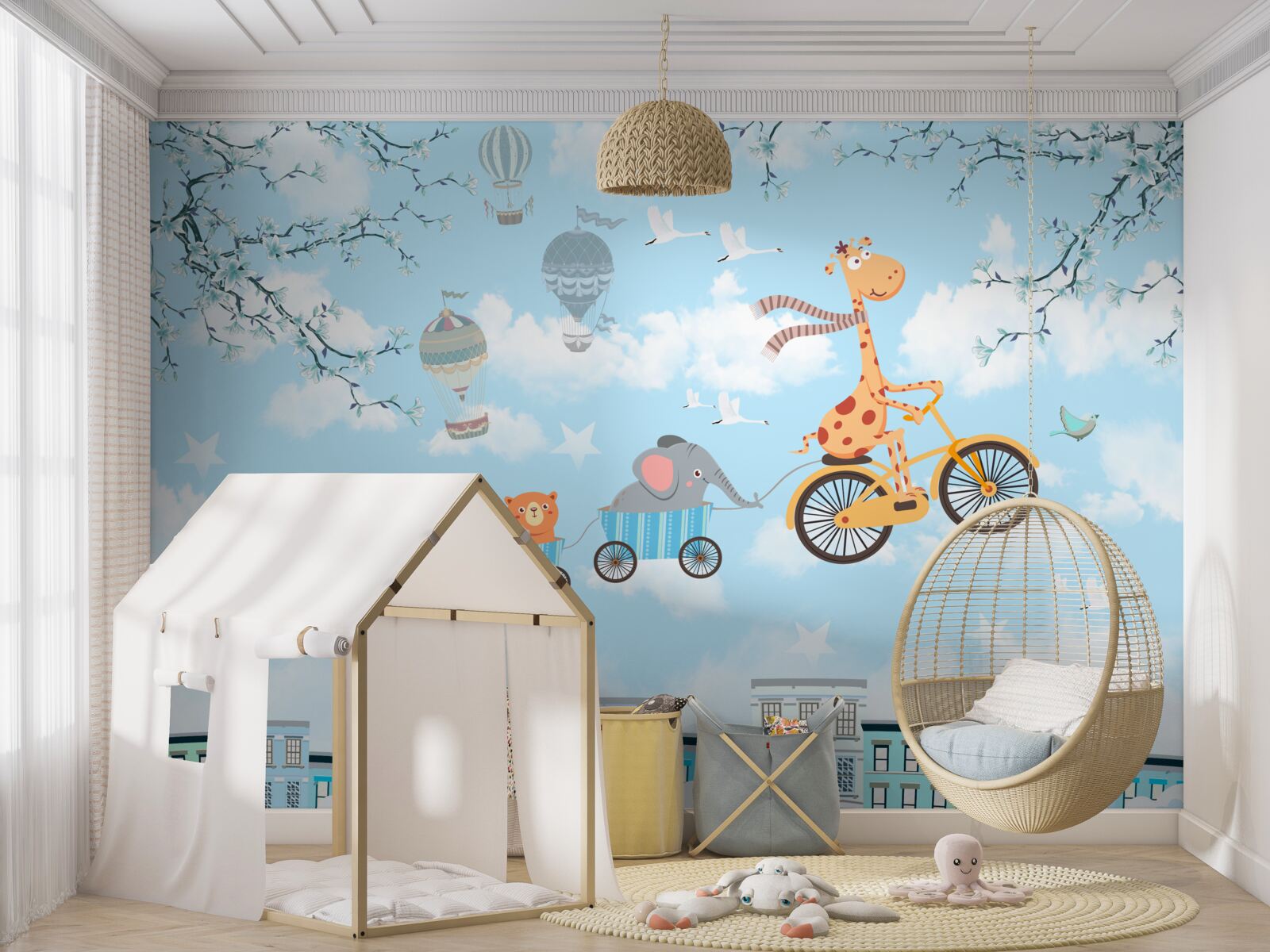 Papier peint un groupe de jeunes amis avec une girafe rentrent chez eux