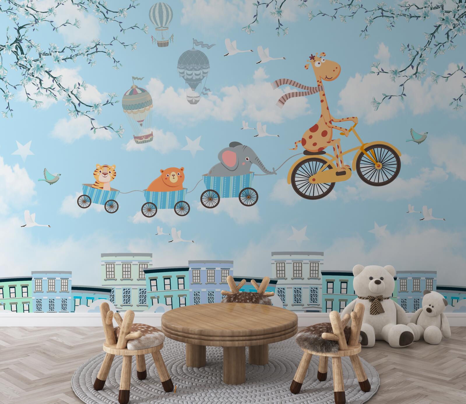 Papier peint un groupe de jeunes amis avec une girafe rentrent chez eux