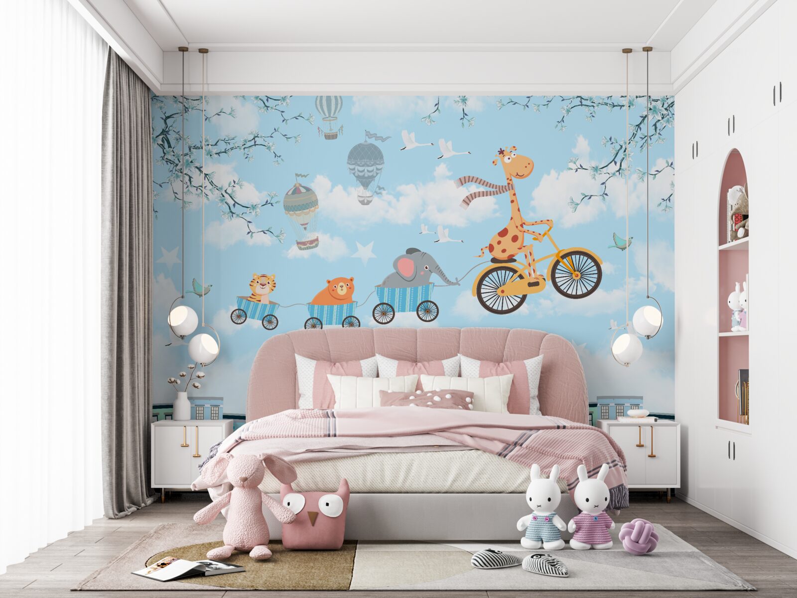 Papier peint un groupe de jeunes amis avec une girafe rentrent chez eux