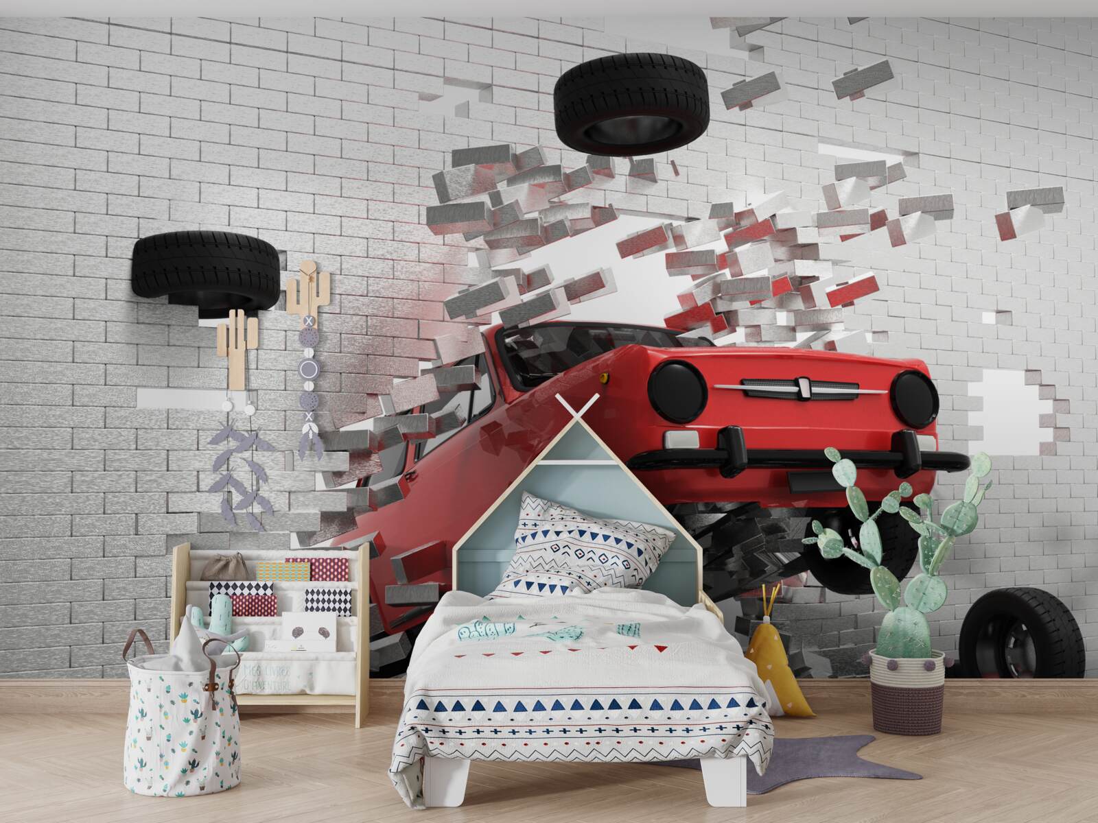 Papier peint la voiture perce un mur de briques