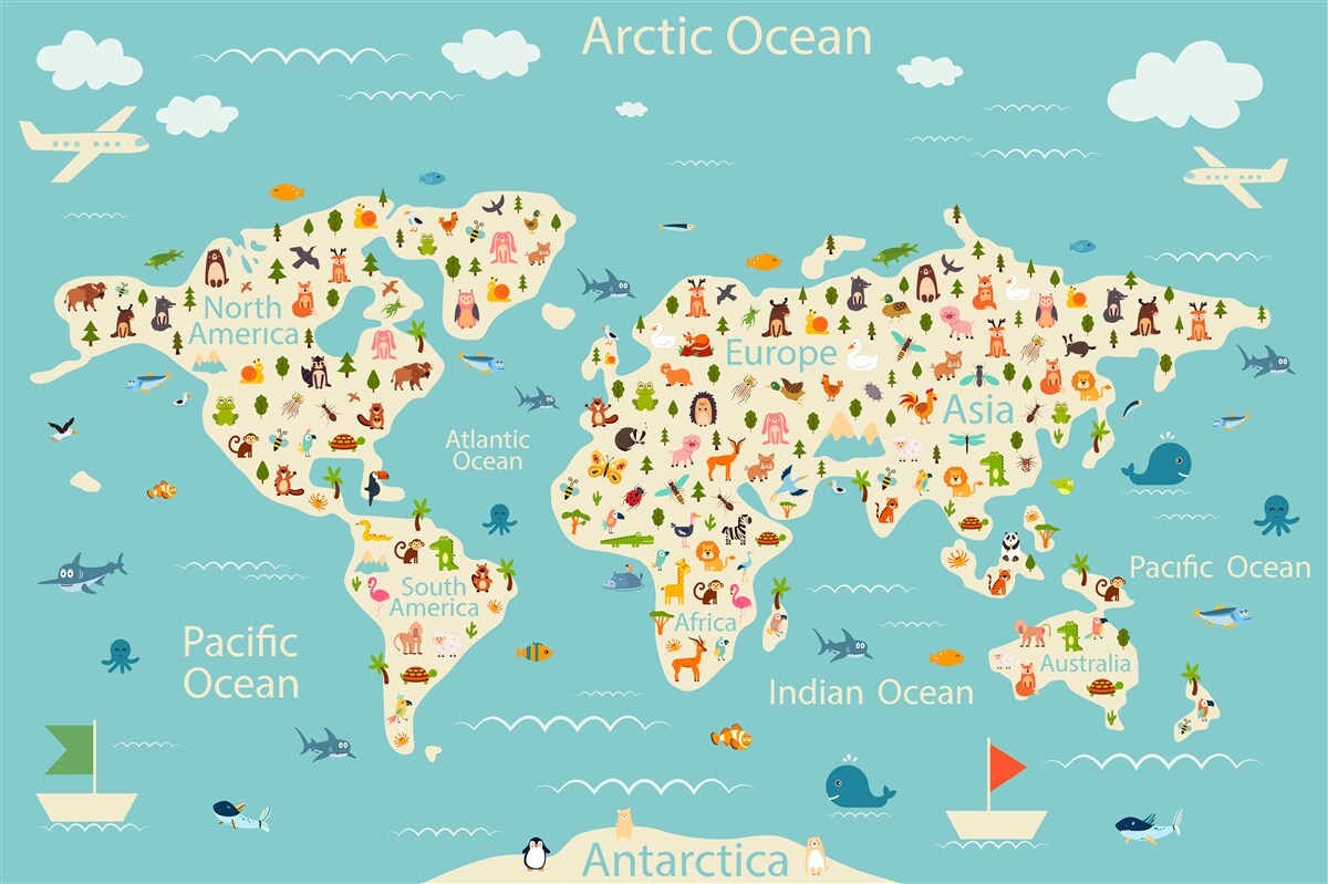 Papier peint carte du monde avec population et éléments naturels