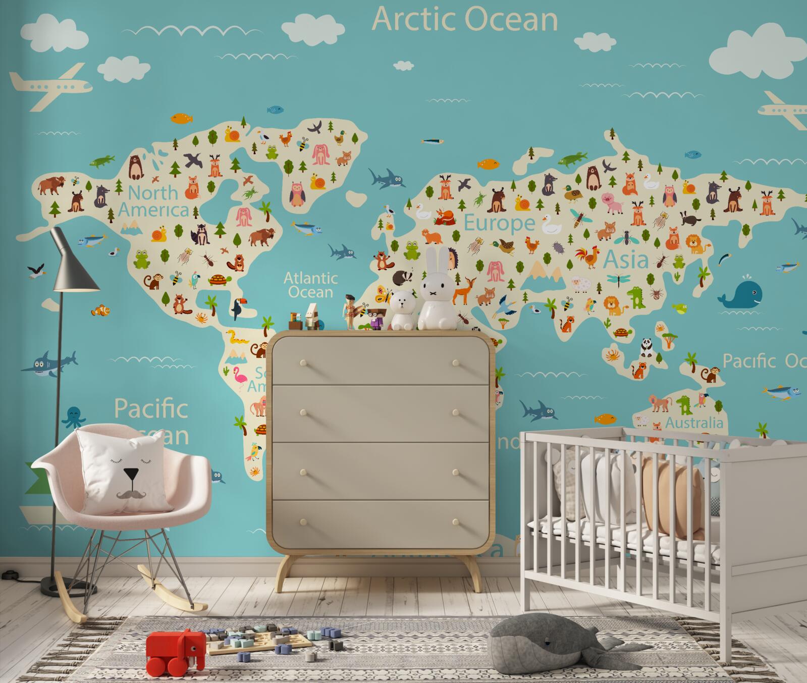 Papier peint carte du monde avec population et éléments naturels