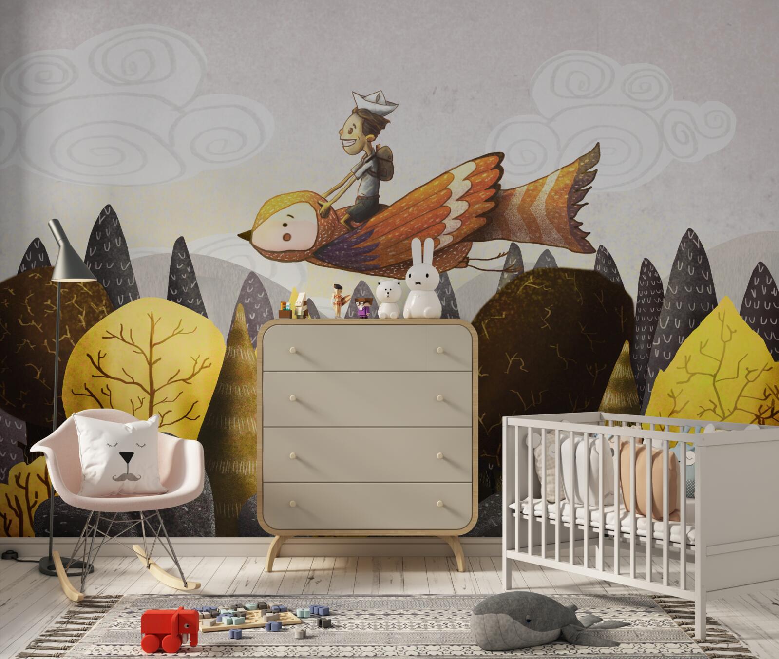 Papier peint un jeune homme monte un oiseau