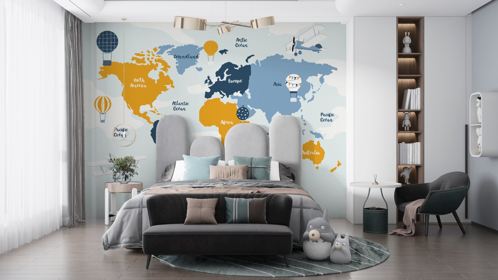 Papier peint carte du monde avec les noms des continents en couleur