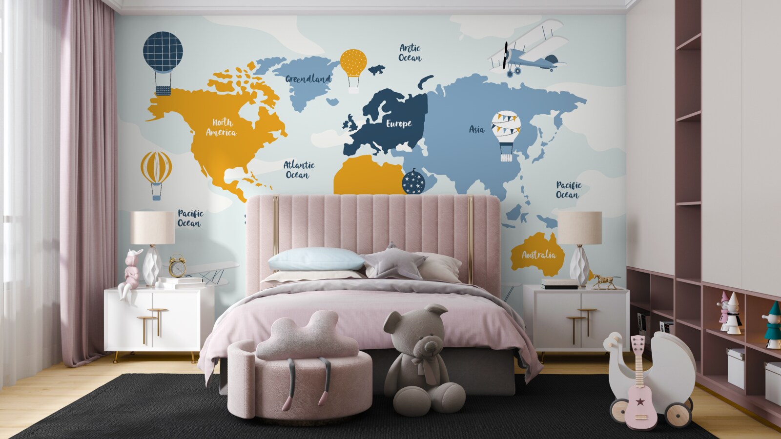 Papier peint carte du monde avec les noms des continents en couleur