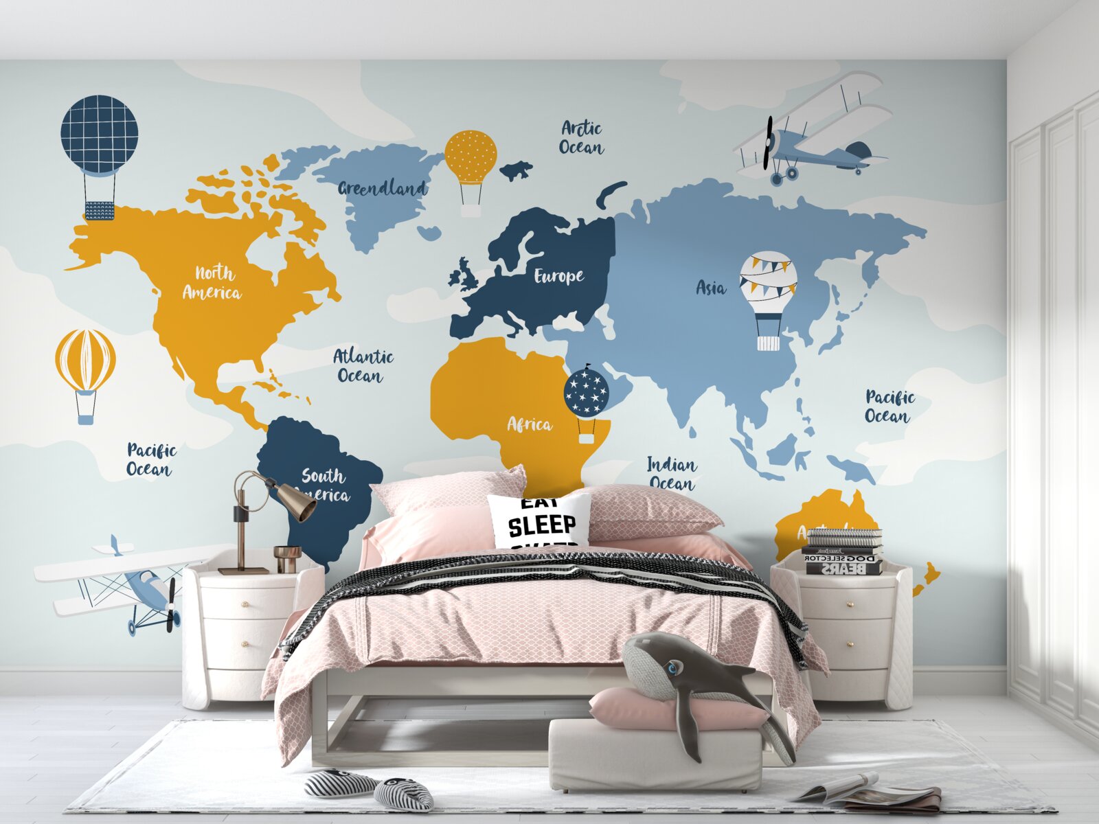 Papier peint carte du monde avec les noms des continents en couleur