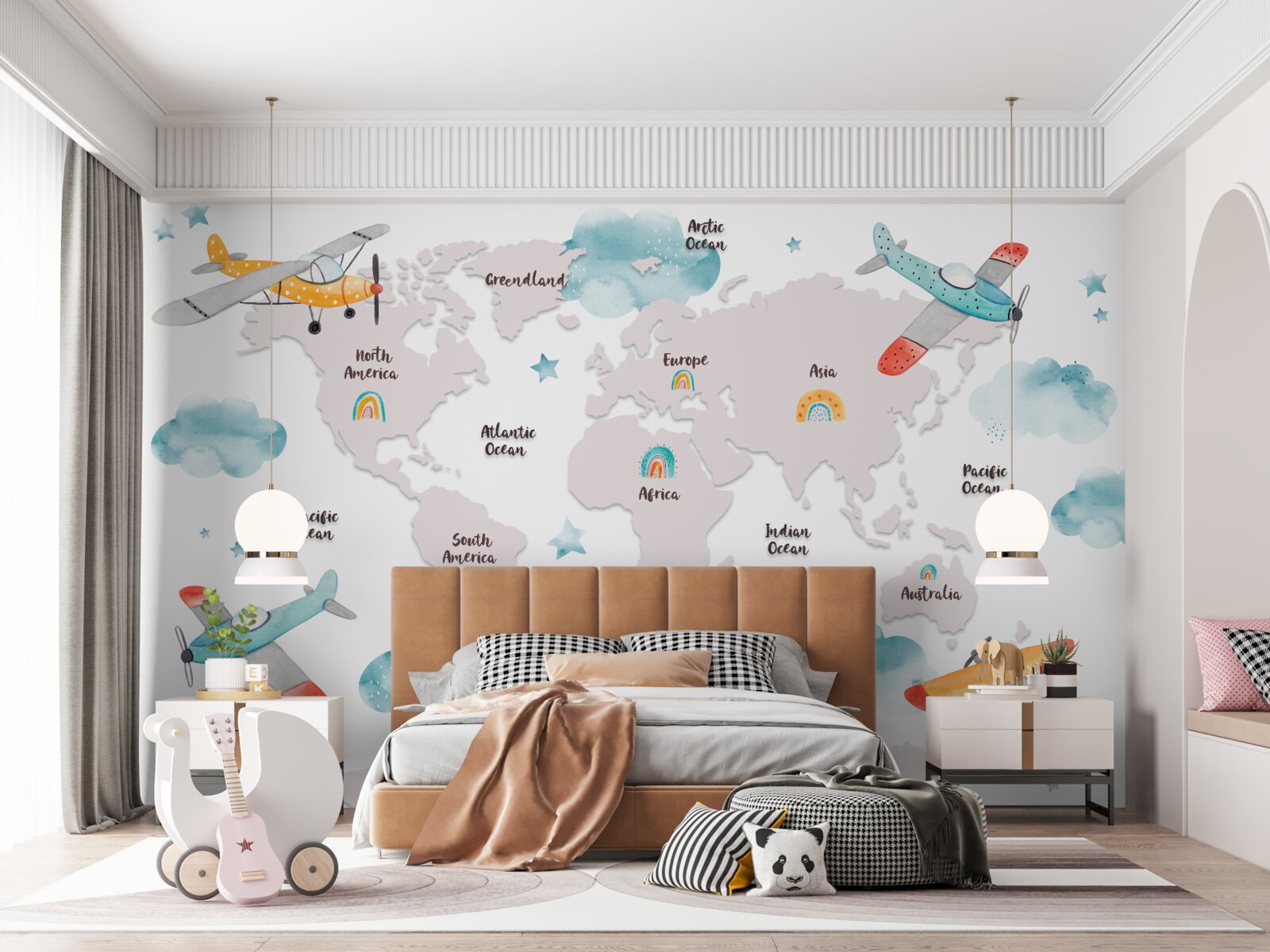 Papier peint les noms des continents et des plans sur une carte planétaire