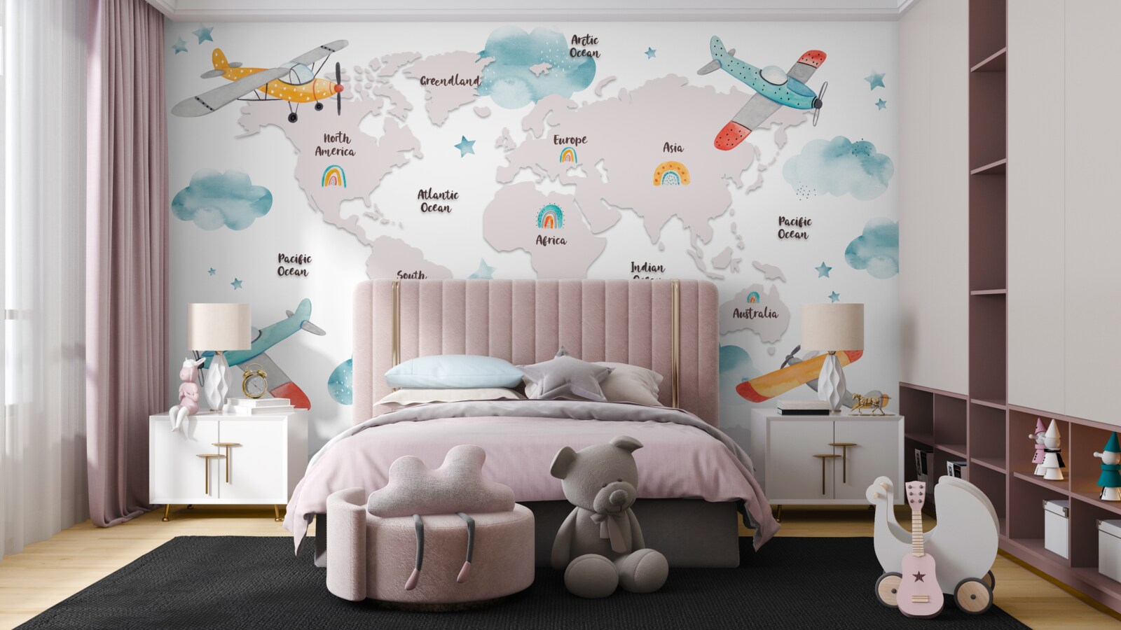 Papier peint les noms des continents et des plans sur une carte planétaire