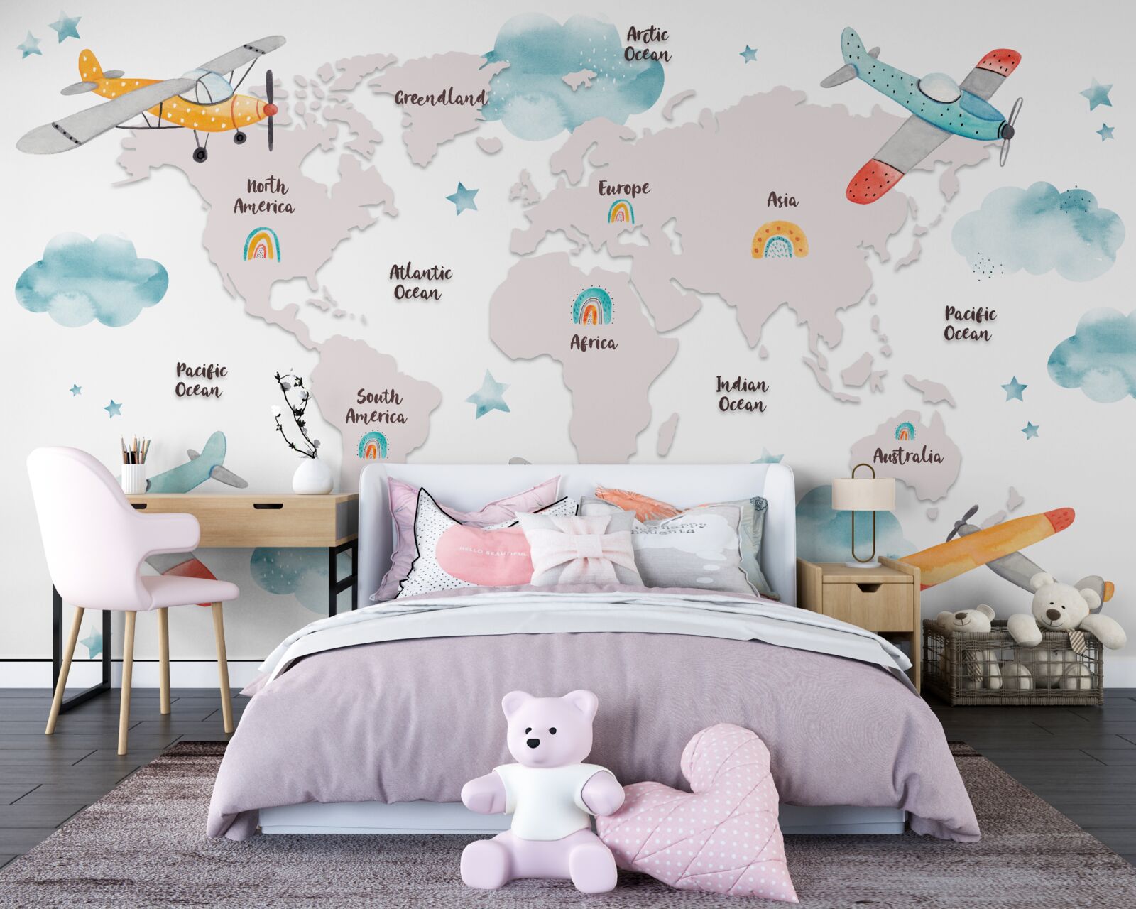 Papier peint les noms des continents et des plans sur une carte planétaire