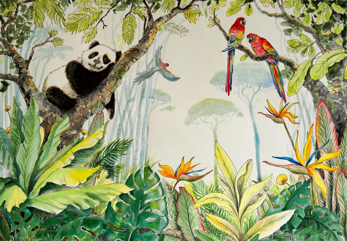 Papier peint panda se détend sur les branches d'un arbre