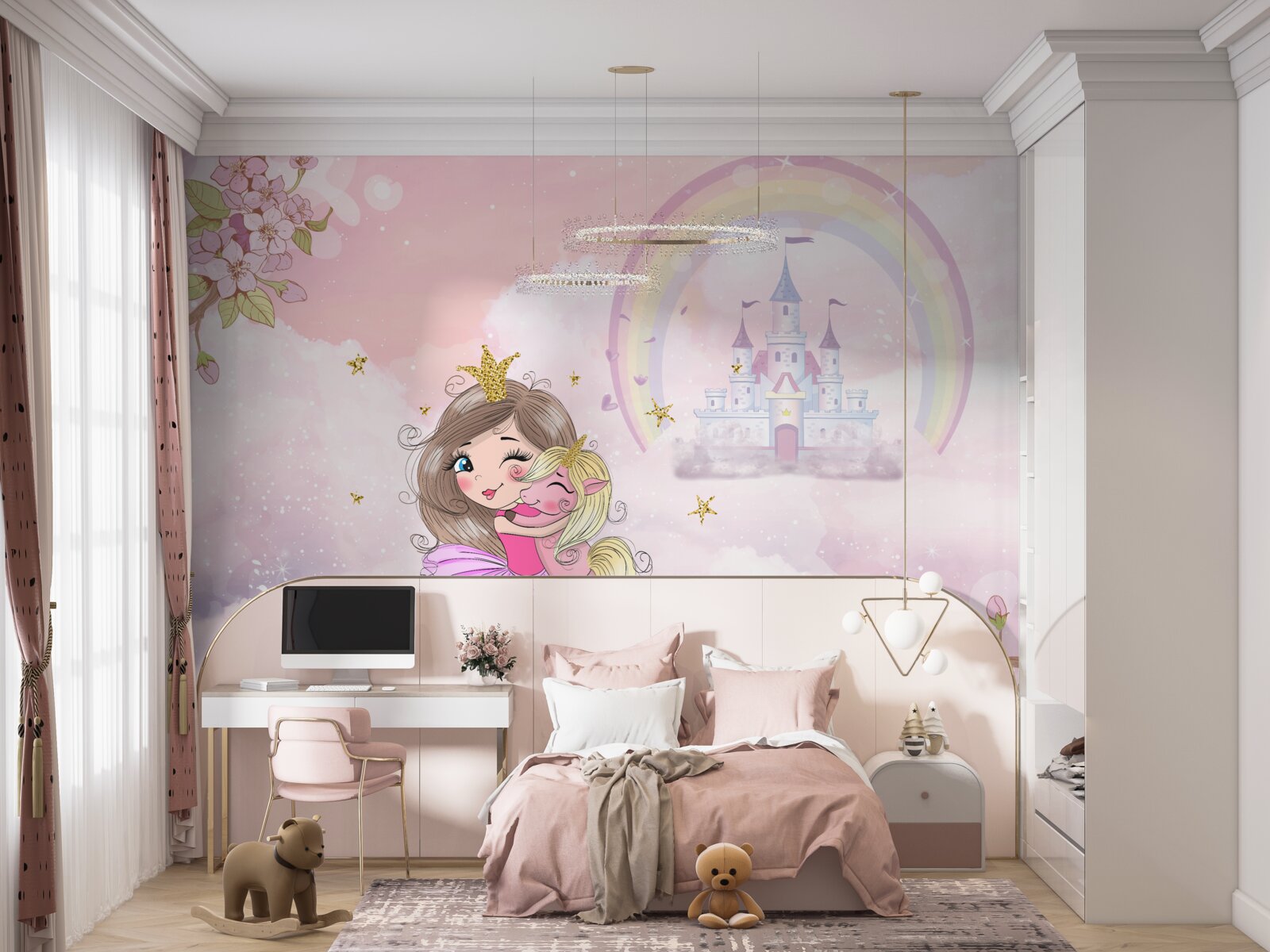 Papier peint près du château, il y a une fée et son amie la licorne