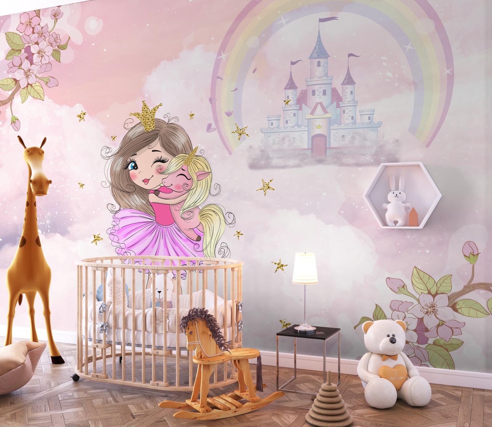 Papier peint près du château, il y a une fée et son amie la licorne