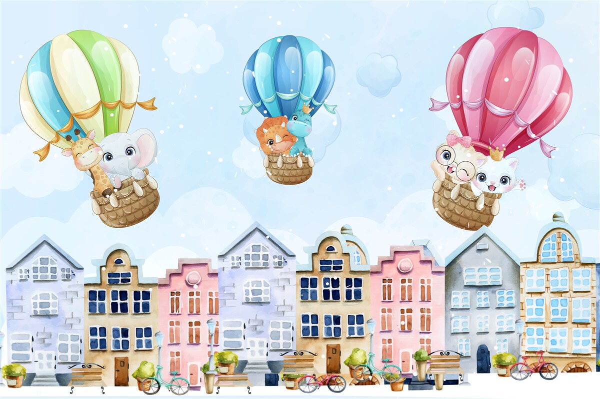 Papier peint les animaux survolent la ville, en équilibre sur des boules