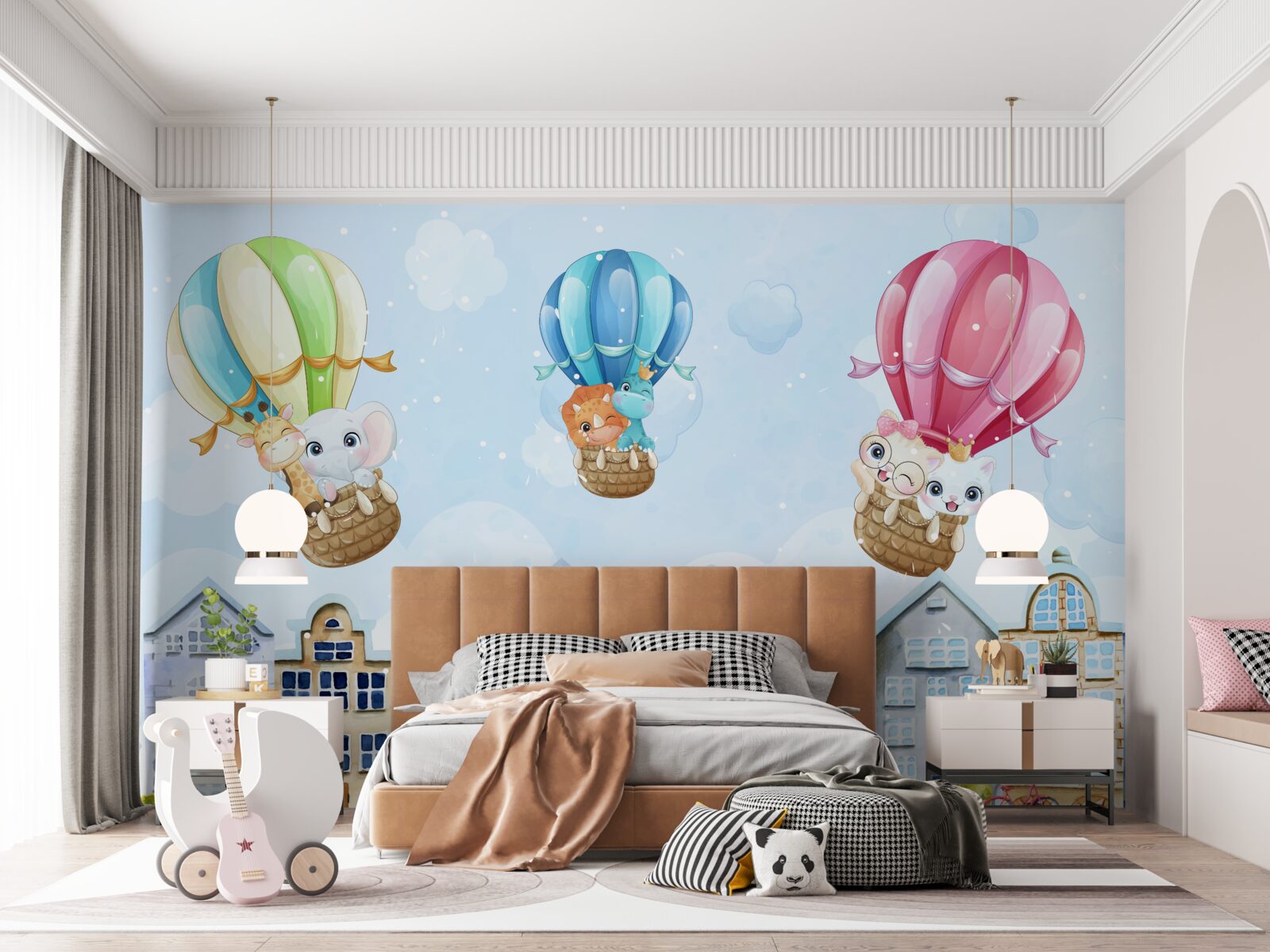 Papier peint les animaux survolent la ville, en équilibre sur des boules