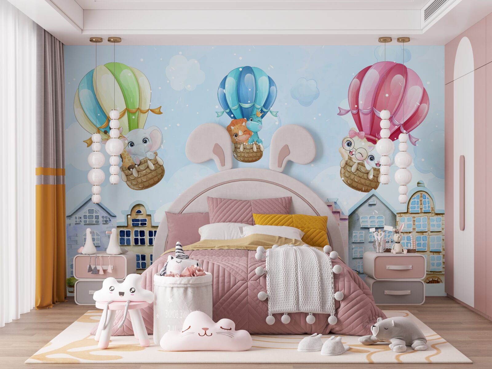 Papier peint les animaux survolent la ville, en équilibre sur des boules