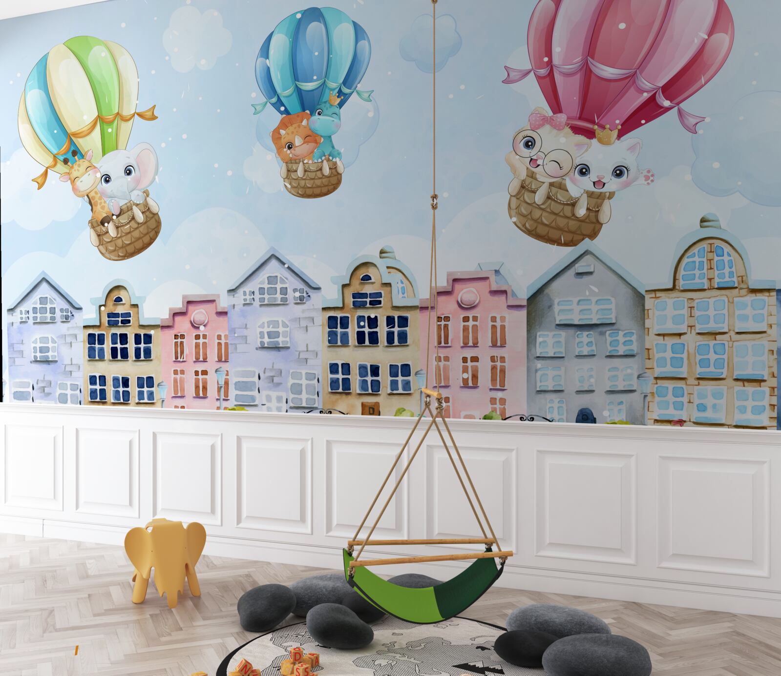 Papier peint les animaux survolent la ville, en équilibre sur des boules