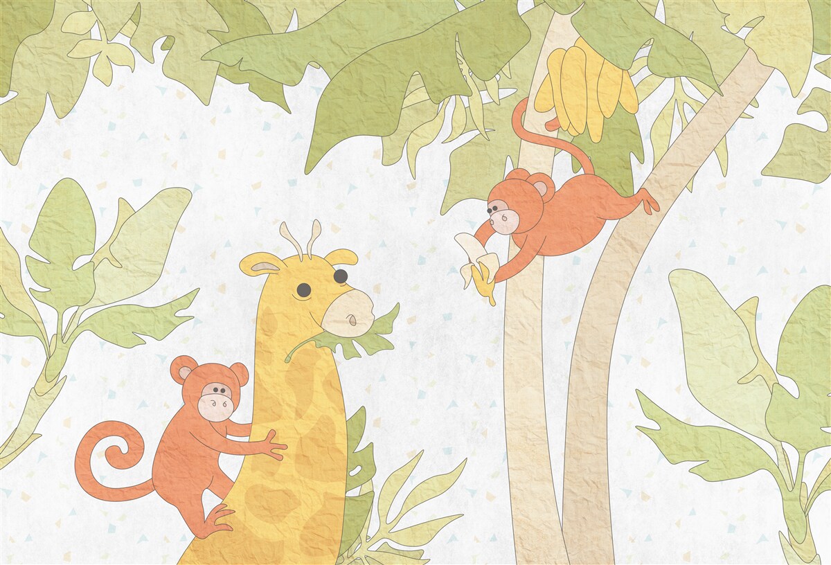 Papier peint La girafe est nourrie par des singes