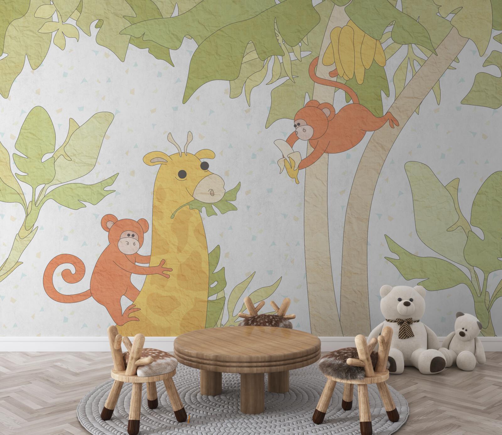 Papier peint La girafe est nourrie par des singes