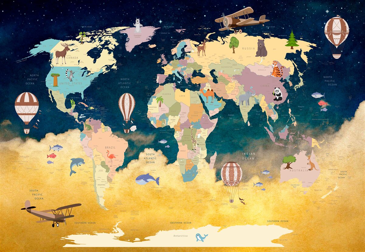 Papier peint carte du monde en bleu et jaune