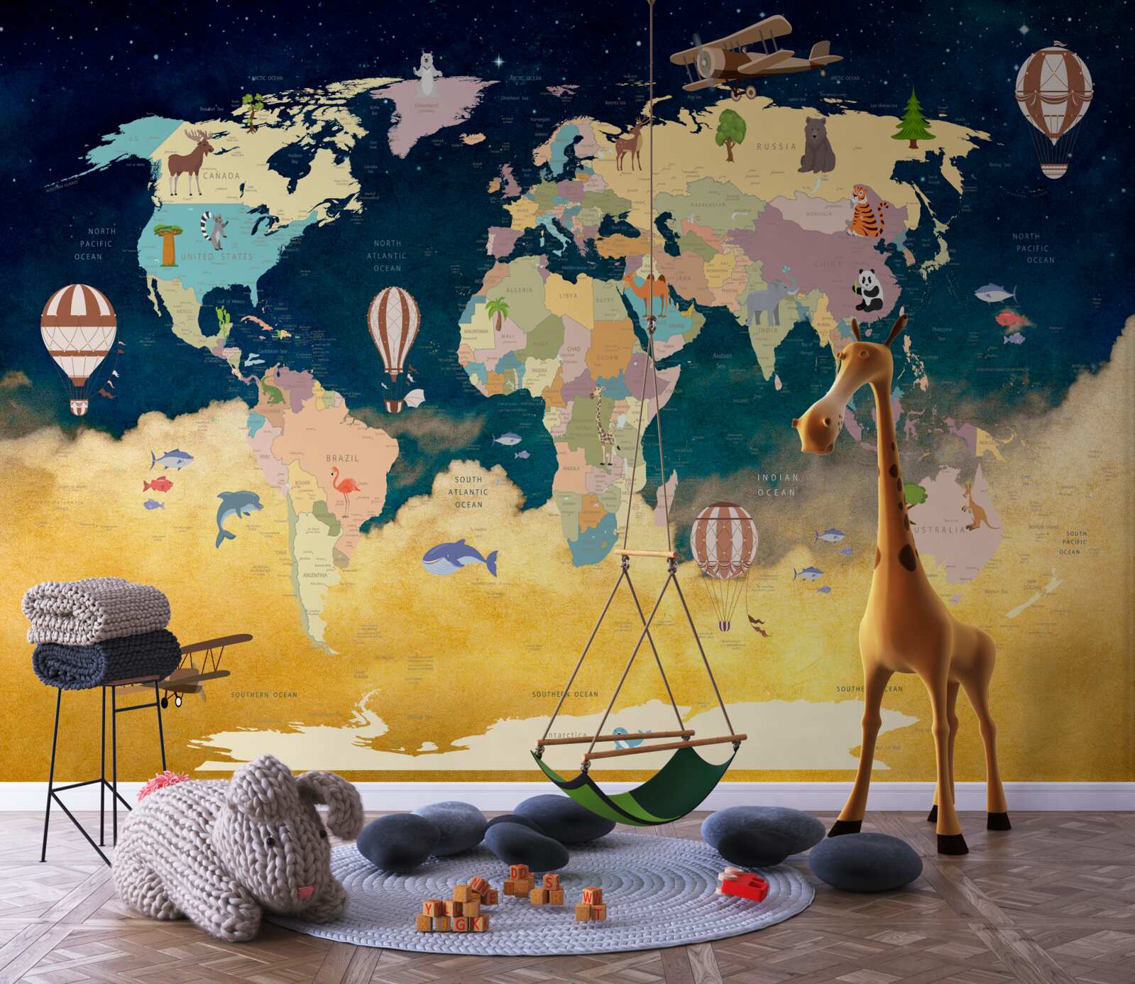 Papier peint carte du monde en bleu et jaune