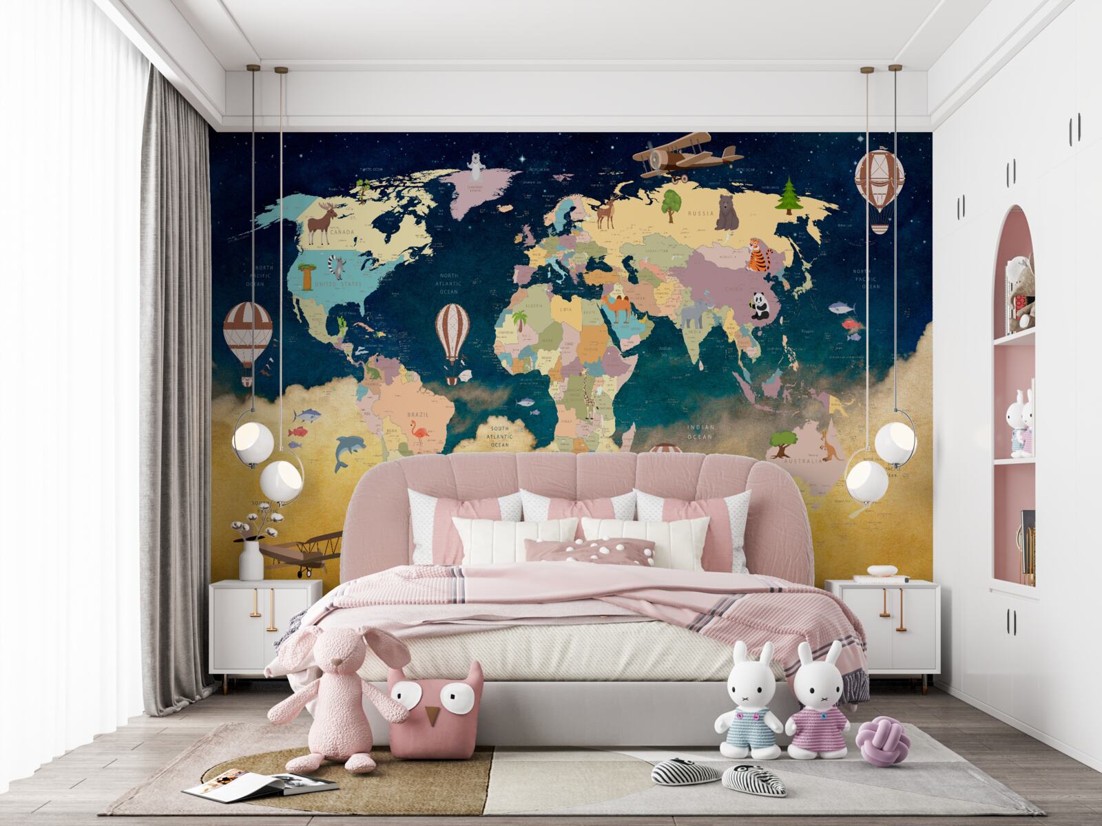 Papier peint carte du monde en bleu et jaune