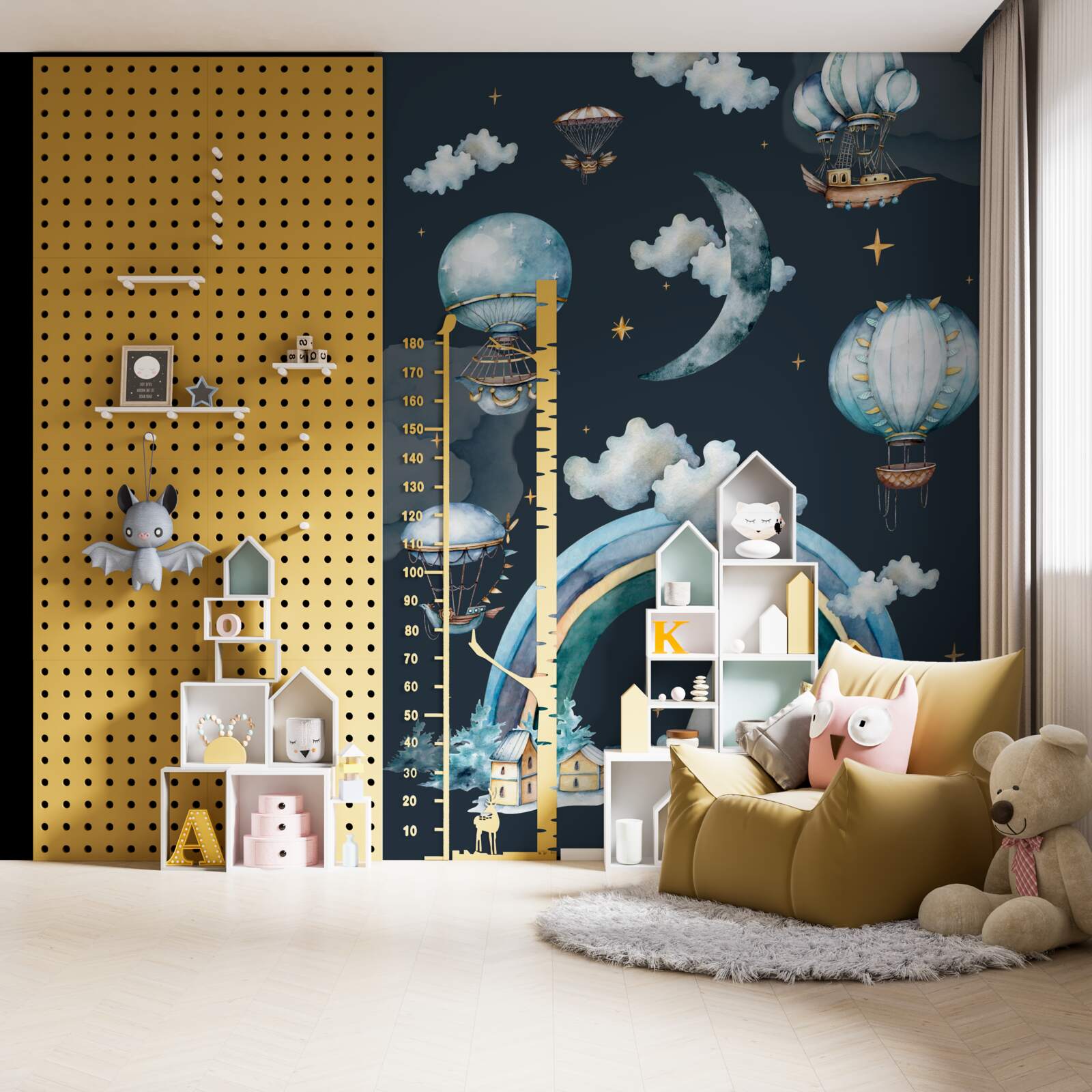 Papier peint maison de conte de fées, située au pied de la montagne sous l'arc-en-ciel