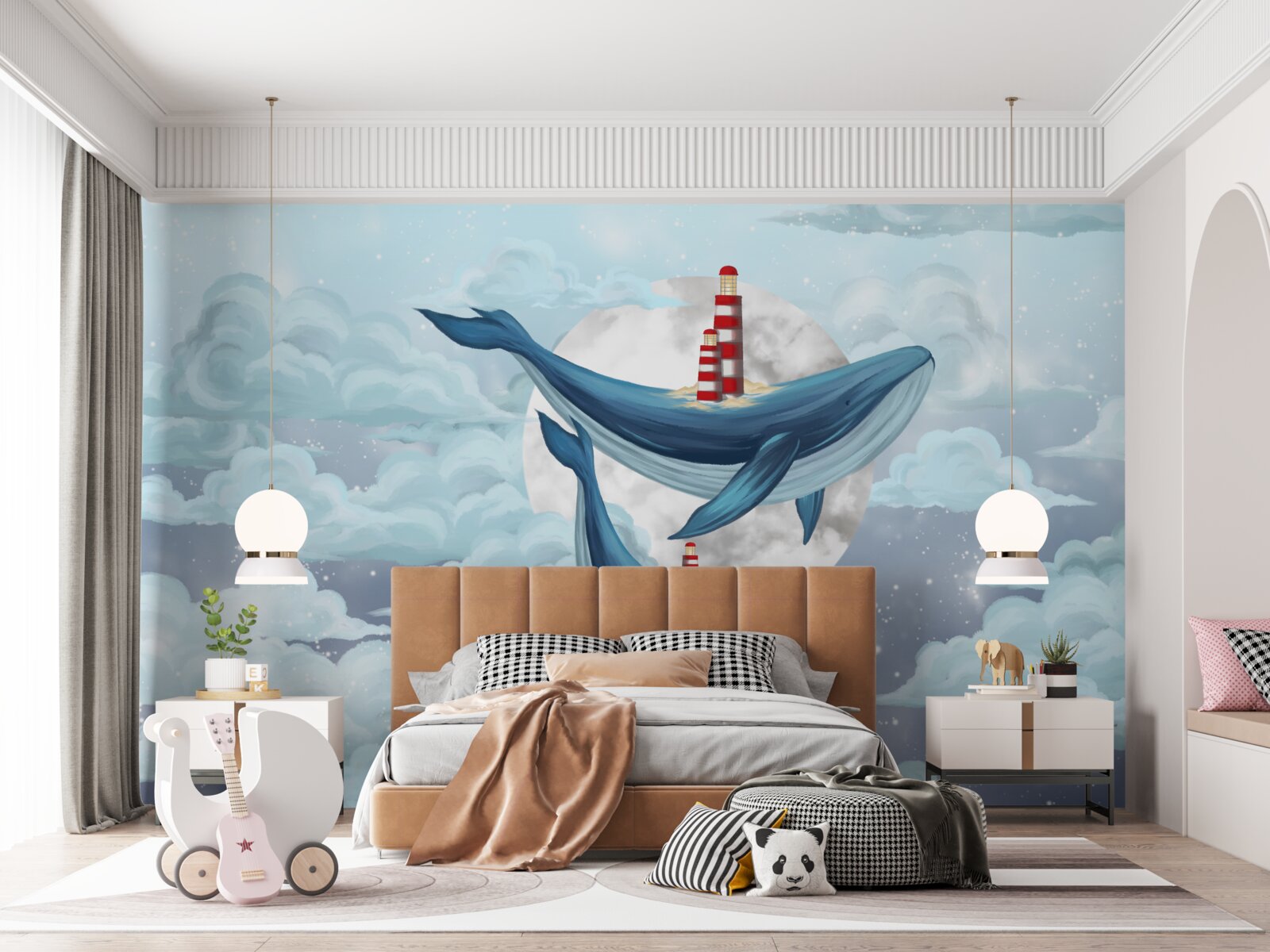 Papier peint baleines sur fond de lune nuageuse