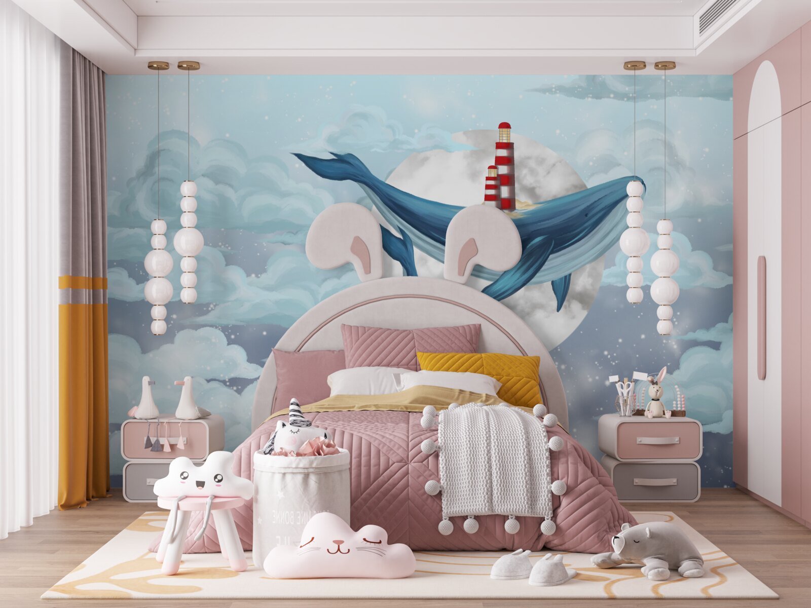 Papier peint baleines sur fond de lune nuageuse