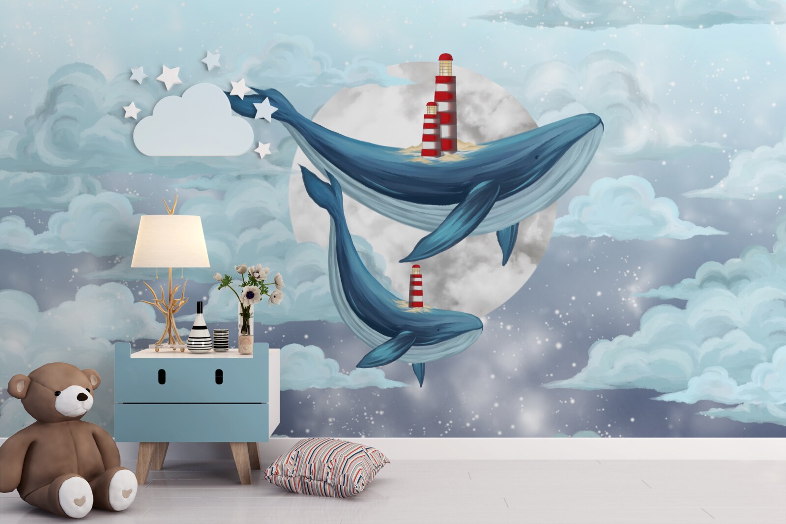 Papier peint baleines sur fond de lune nuageuse