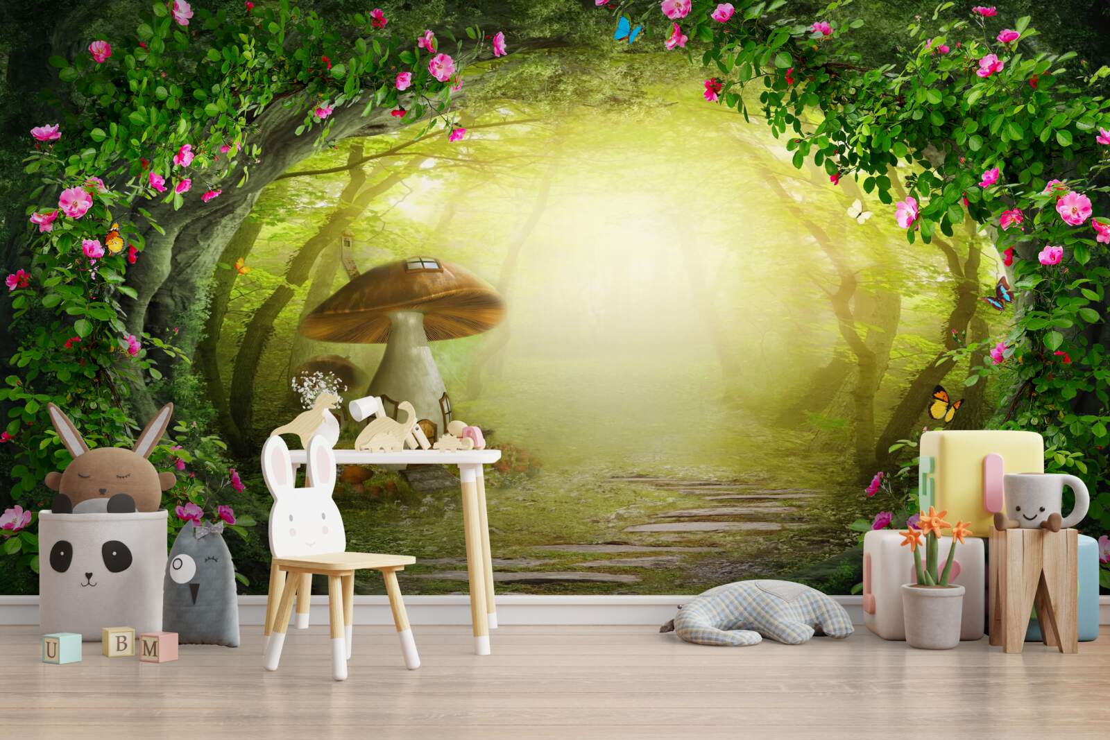 Papier peint champignonnière à l'aube dans la forêt