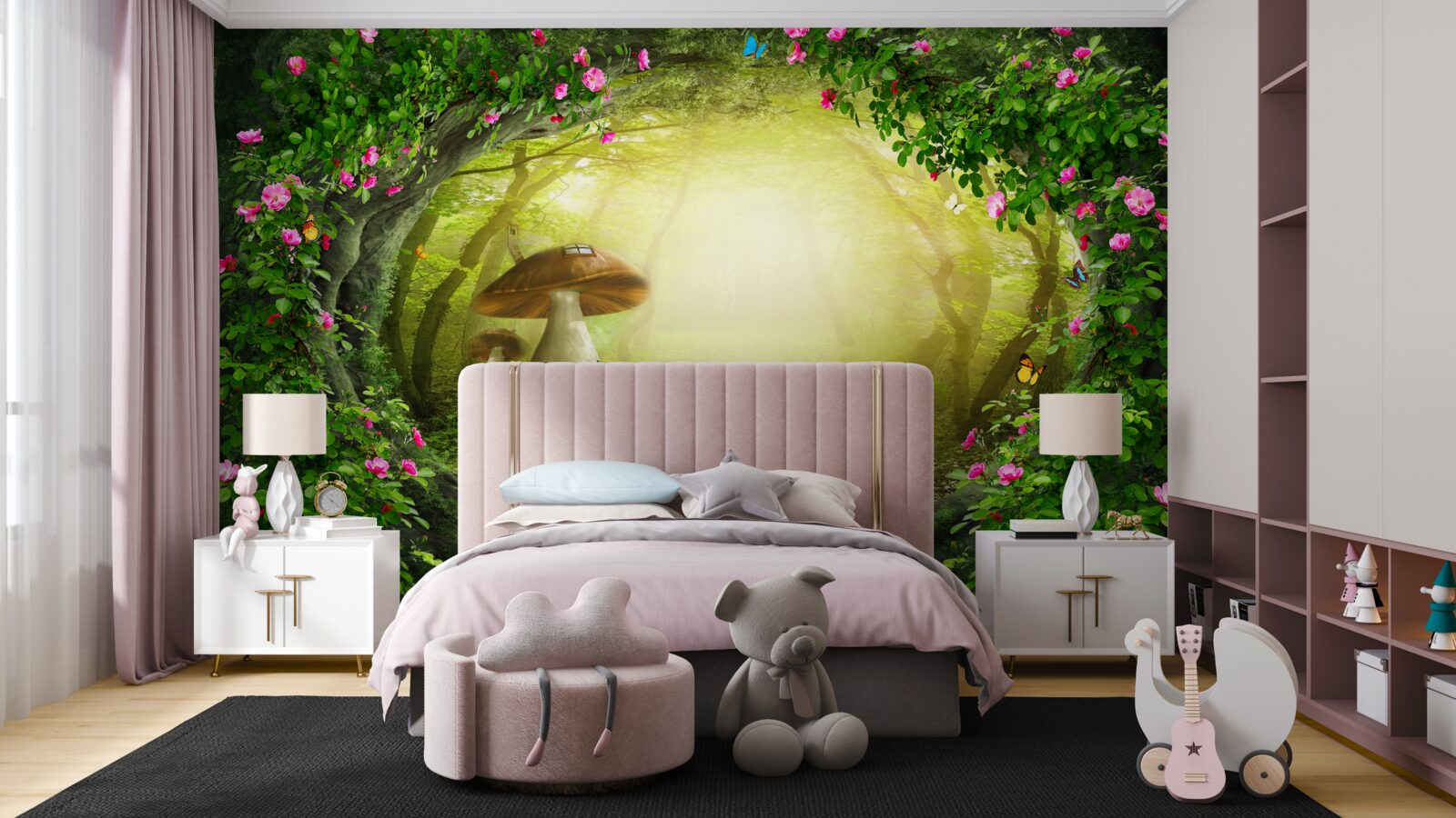 Papier peint champignonnière à l'aube dans la forêt