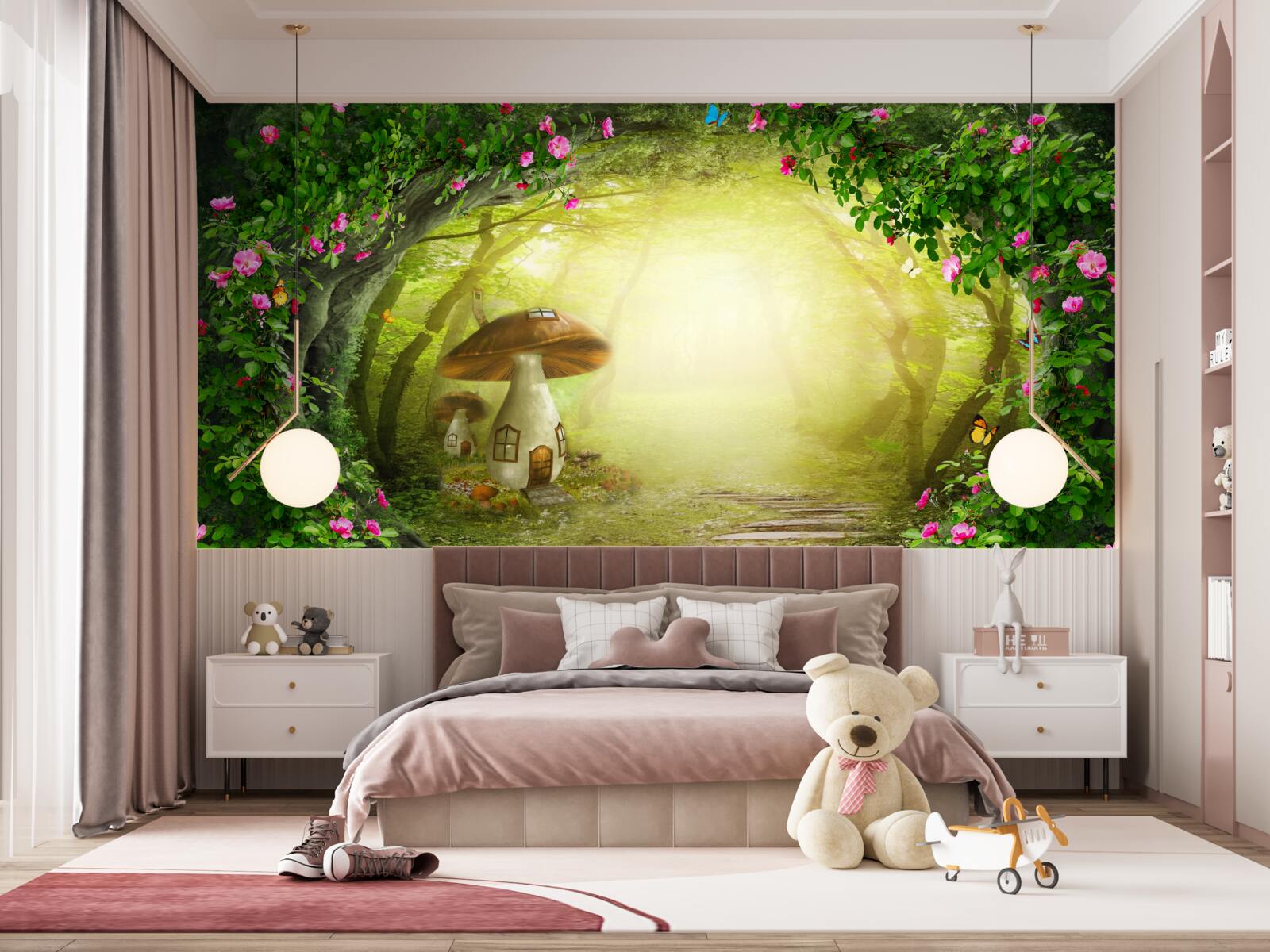 Papier peint champignonnière à l'aube dans la forêt