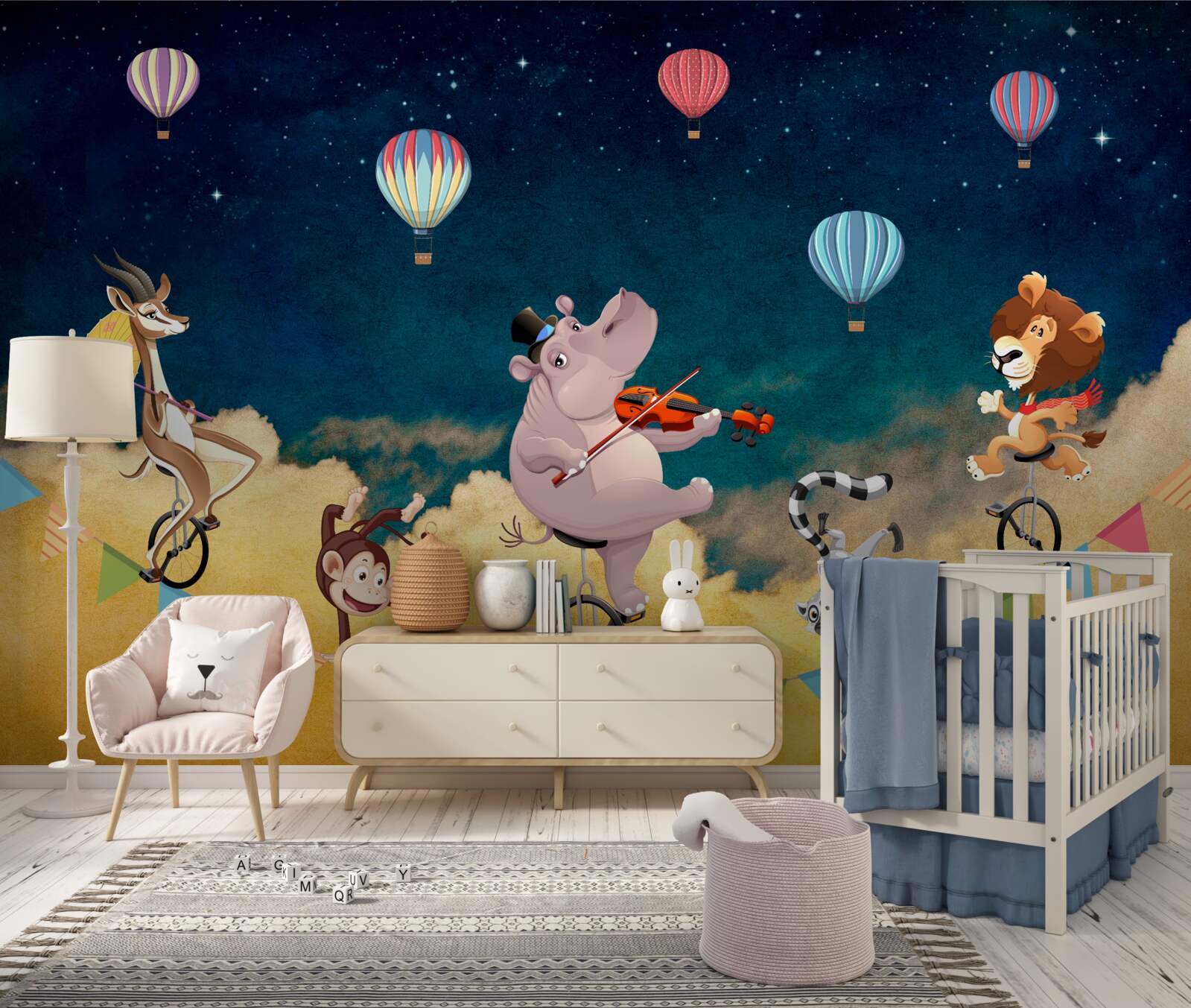 Papier peint acrobates sur une corde raide accompagnés de musique