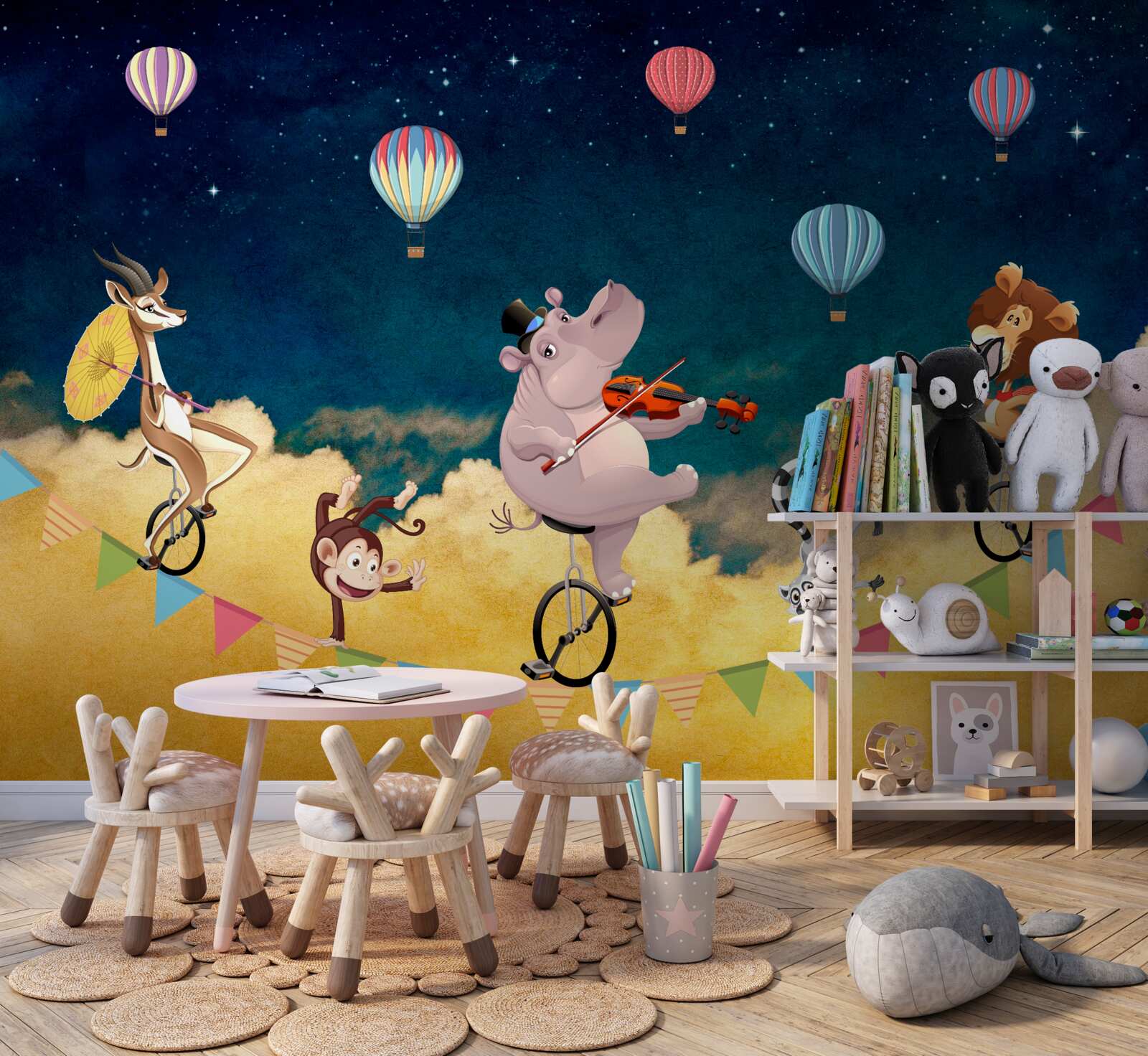 Papier peint acrobates sur une corde raide accompagnés de musique