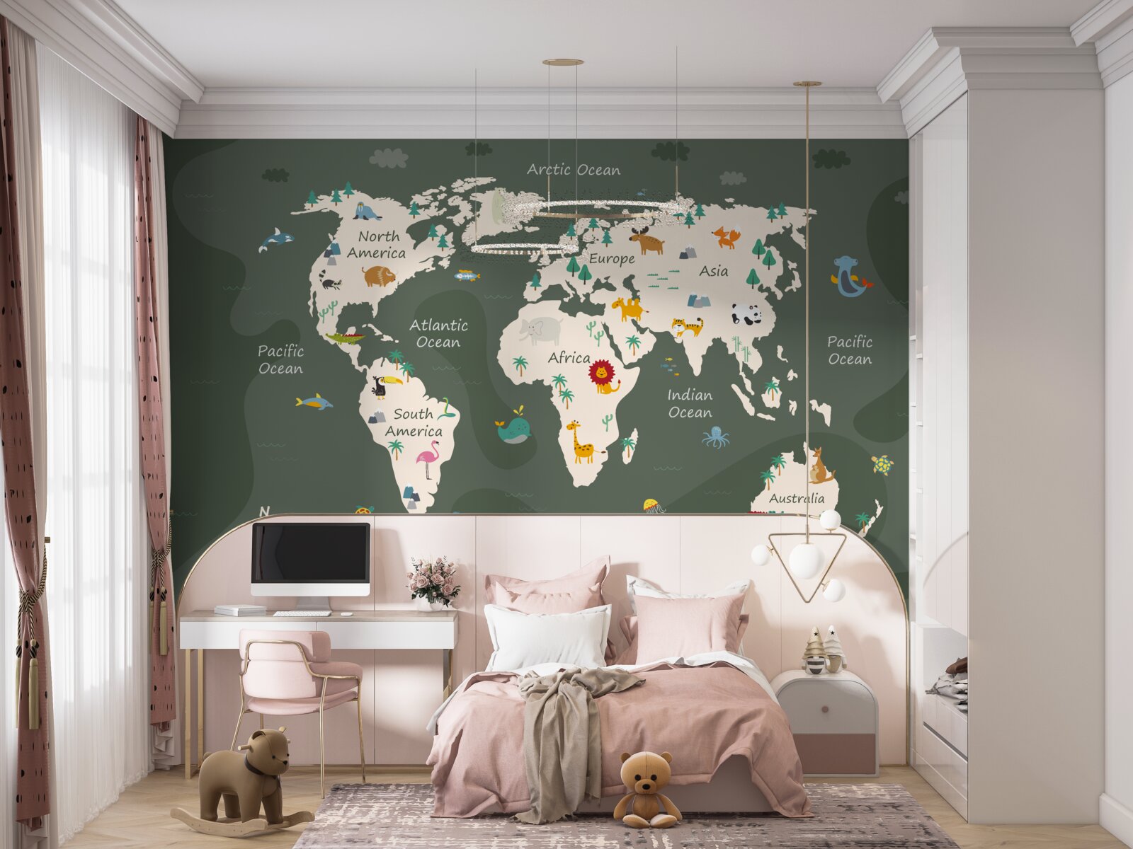 Papier peint carte du monde la nuit avec des images d'animaux clés