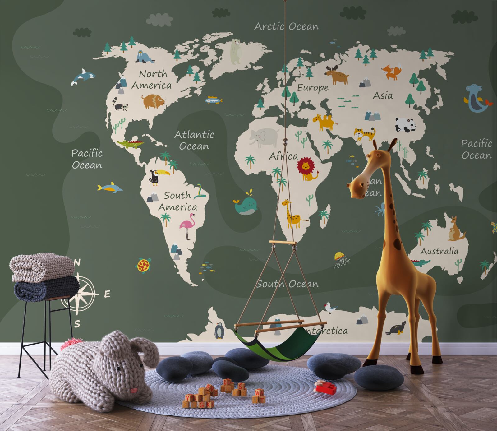 Papier peint carte du monde la nuit avec des images d'animaux clés