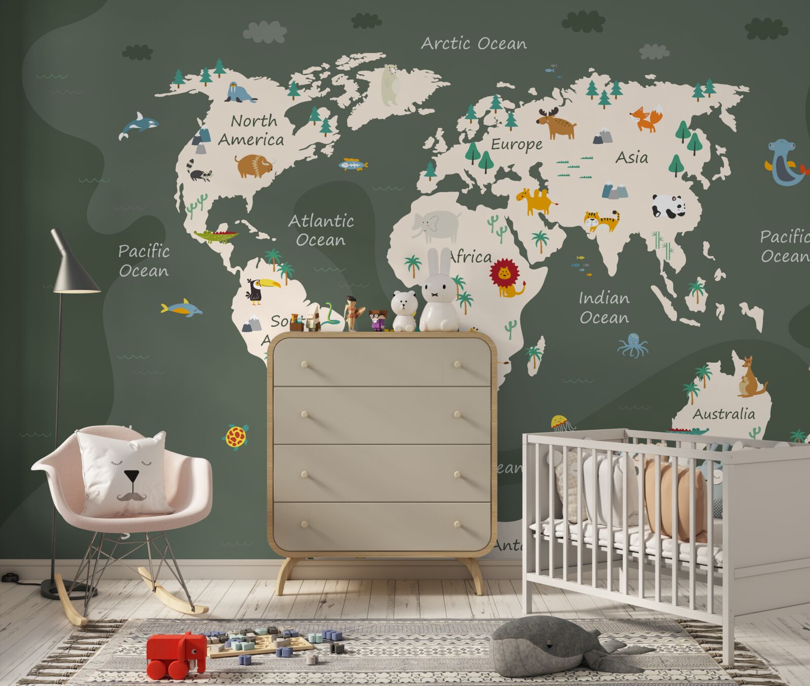 Papier peint carte du monde la nuit avec des images d'animaux clés