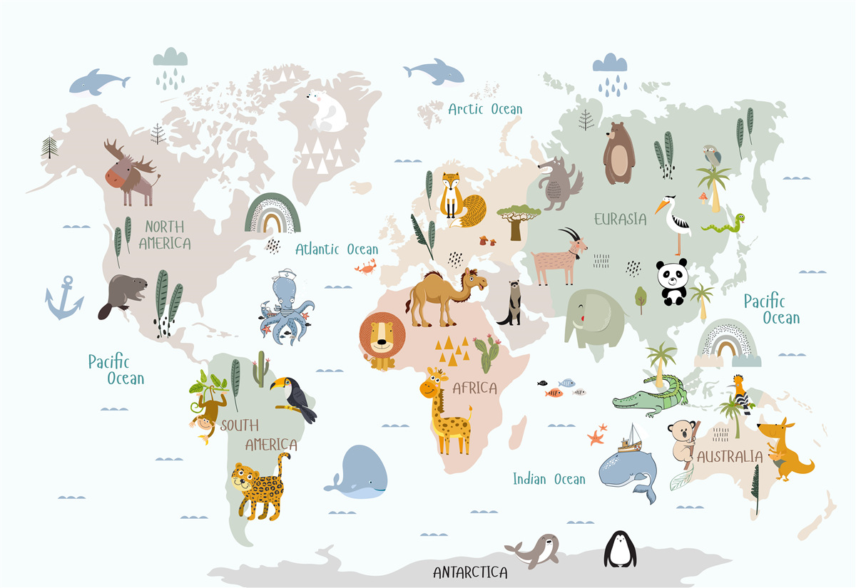 Papier peint carte du monde et représentants des continents