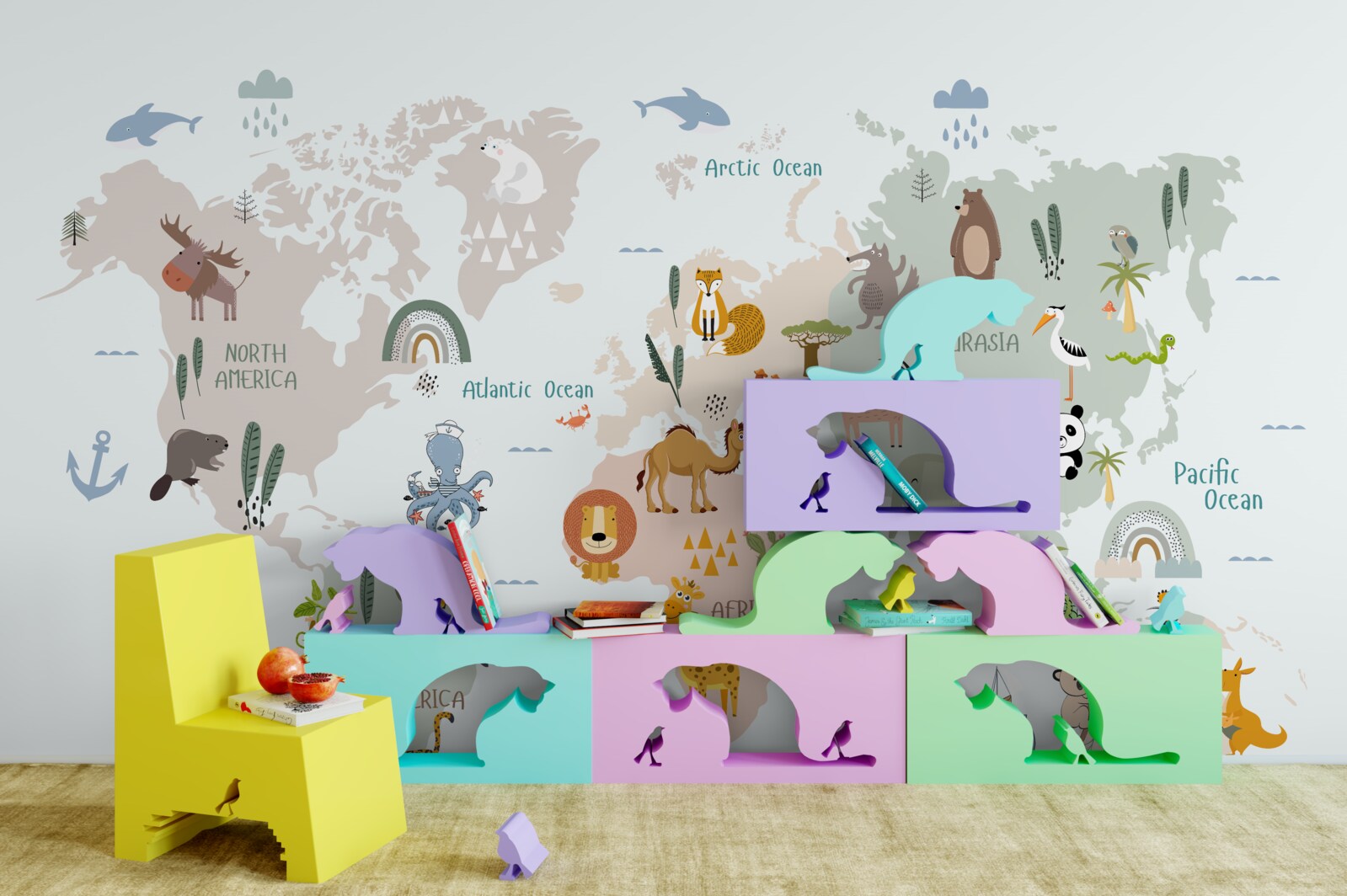 Papier peint carte du monde et représentants des continents